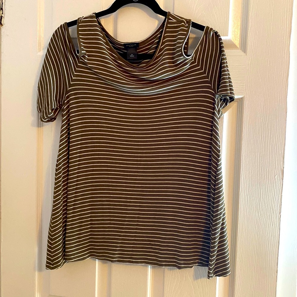 Ann Taylor factory stripped olive green and white open shoulder shirt